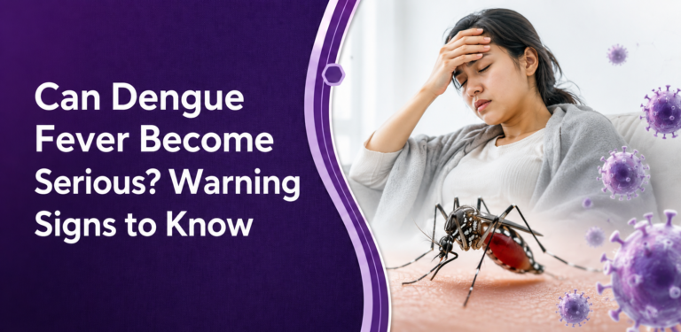 Dengue fever warning signs banner with sick patient, mosquito, and virus illustration