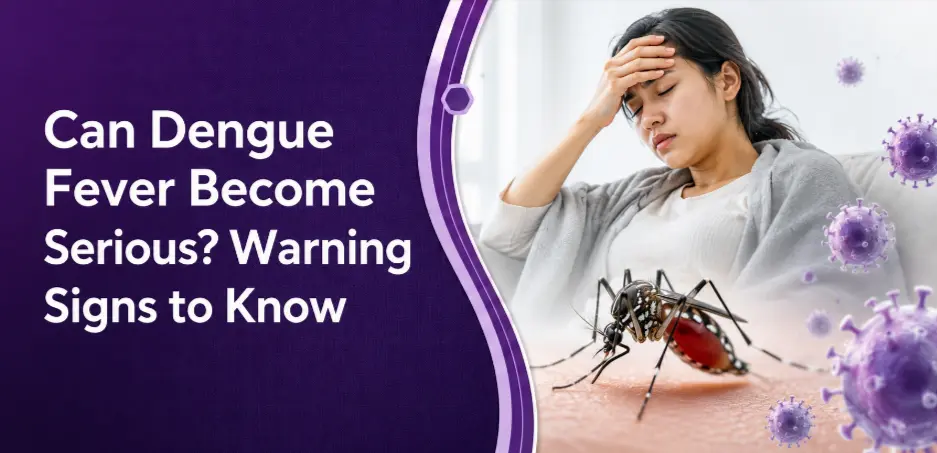 Dengue fever warning signs banner with sick patient, mosquito, and virus illustration