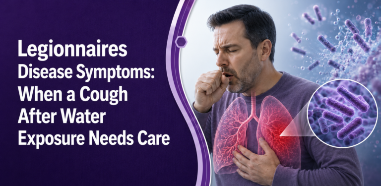 Know legionnaires disease symptoms after water exposure. If cough, fever, or breathing trouble starts after travel, book primary care today.